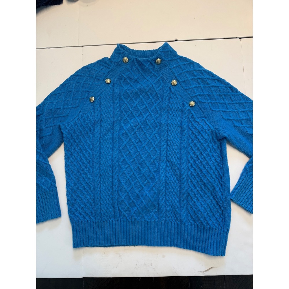 Talbots Petite Blue Cable Knit Mock Neck Button Shoulder‎ Sweater MP JO5161